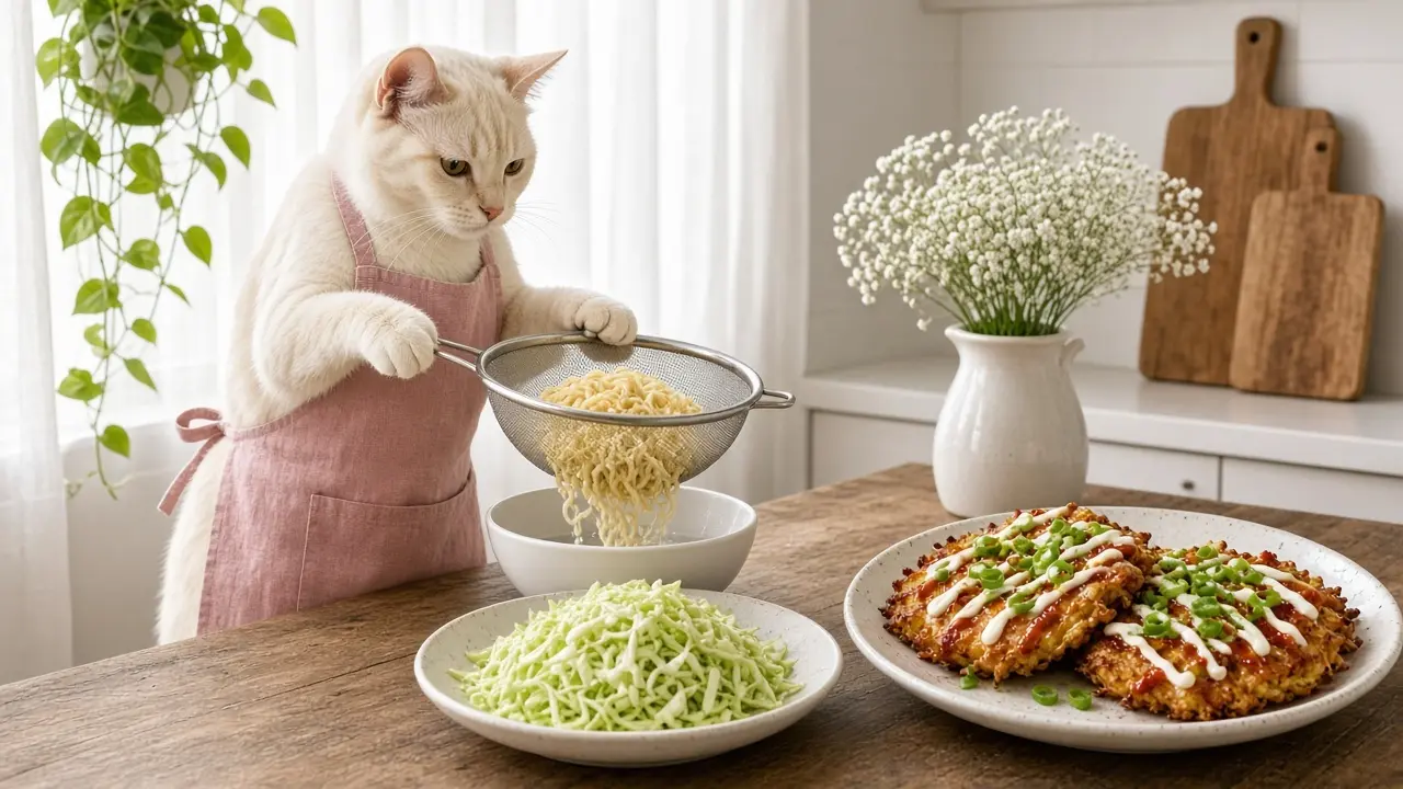 A cream-coloured cat in a pink apron, cooking this dish