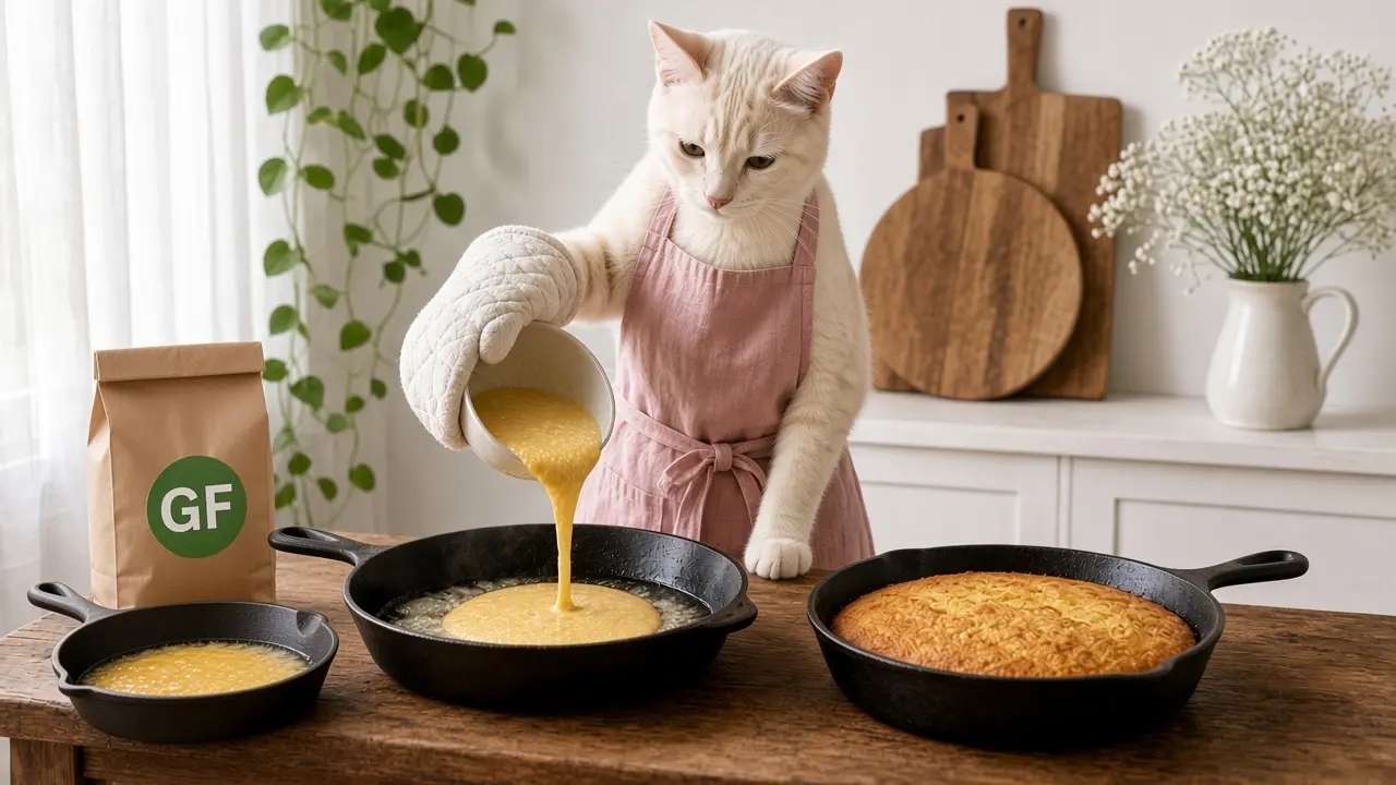 A cream-coloured cat in a pink apron, cooking this dish