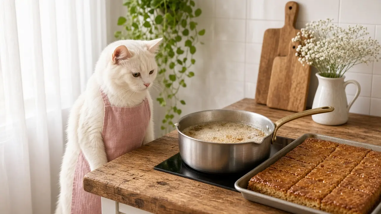 A cream-coloured cat in a pink apron, cooking this dish