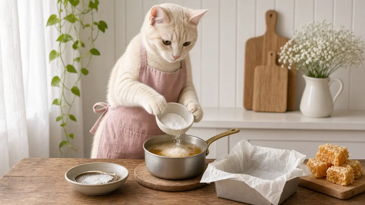 A cream-coloured cat in a pink apron, cooking this dish