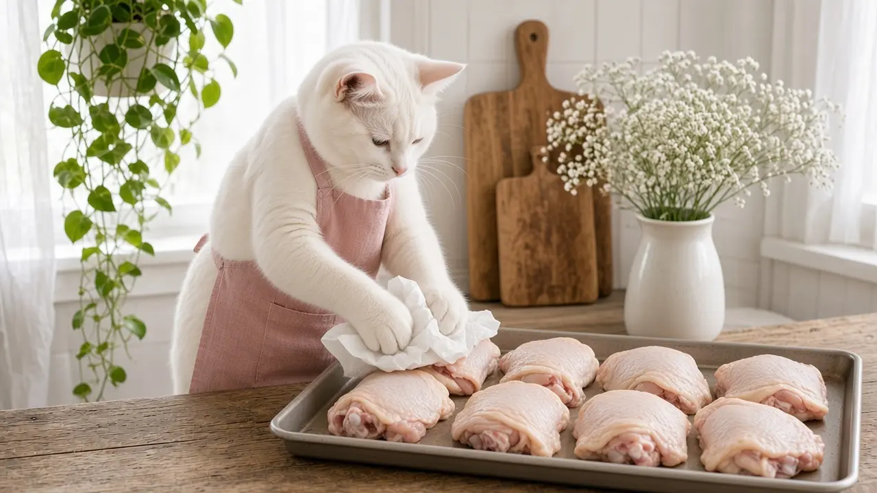 A cream-coloured cat in a pink apron, cooking this dish