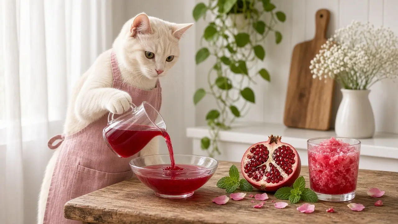 A cream-coloured cat in a pink apron, cooking this dish