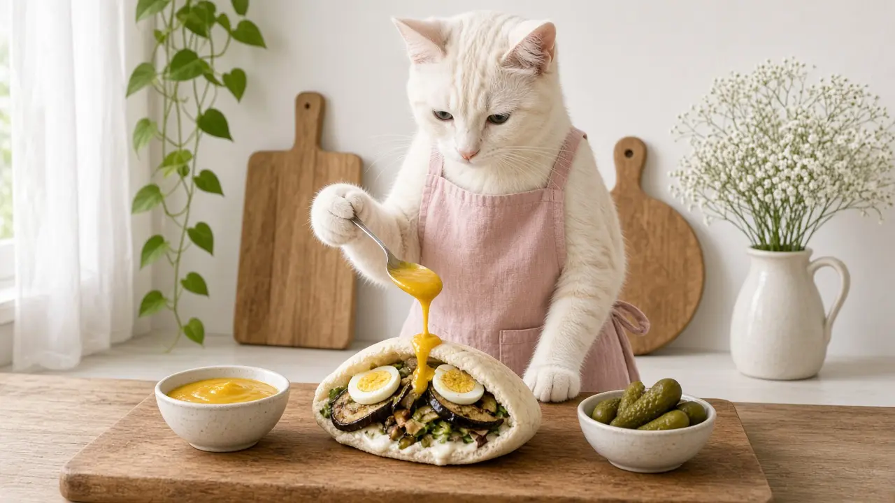 A cream-coloured cat in a pink apron, cooking this dish