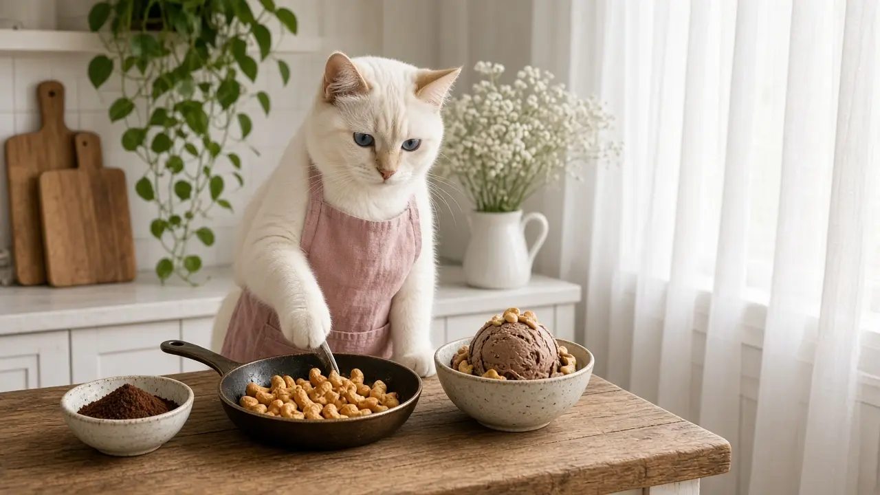 A cream-coloured cat in a pink apron, cooking this dish
