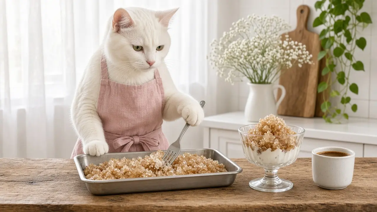 A cream-coloured cat in a pink apron, cooking this dish
