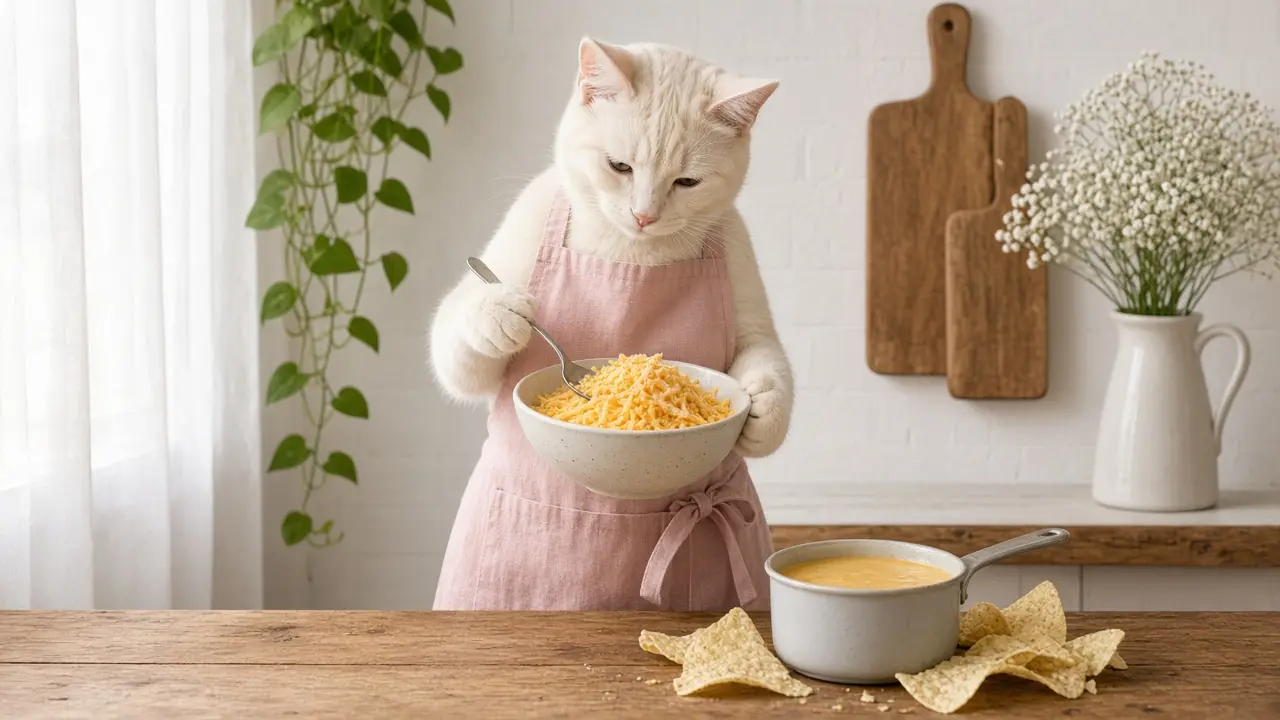 A cream-coloured cat in a pink apron, cooking this dish