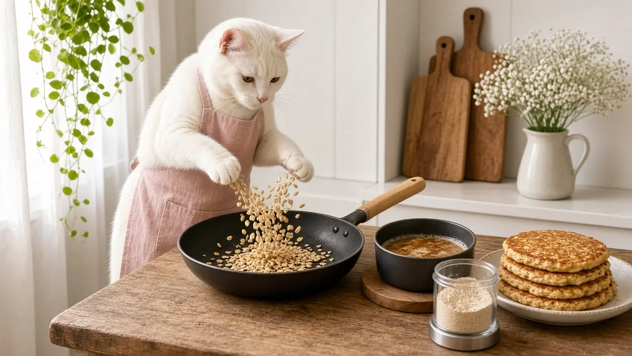 A cream-coloured cat in a pink apron, cooking this dish
