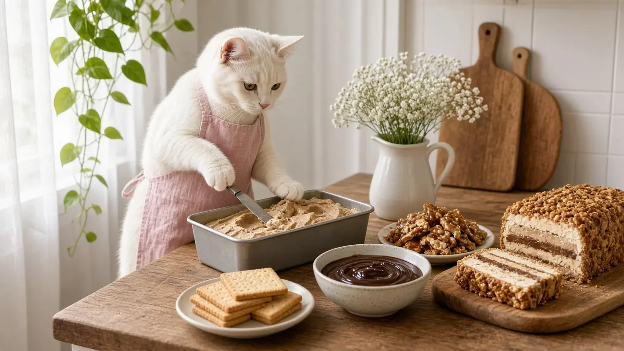 A cream-coloured cat in a pink apron, cooking this dish