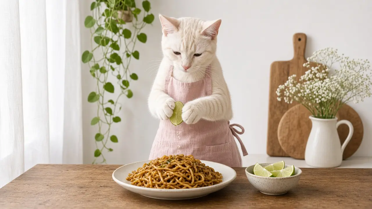 A cream-coloured cat in a pink apron, cooking this dish
