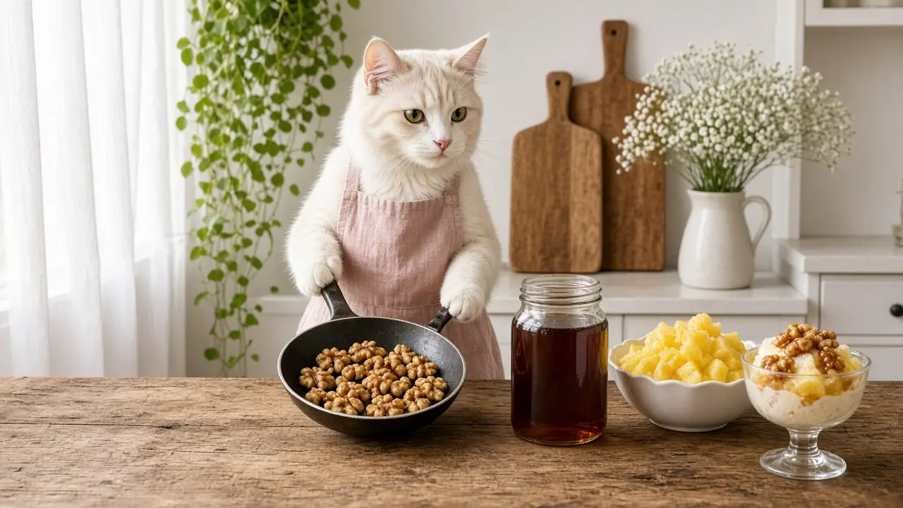 A cream-coloured cat in a pink apron, cooking this dish