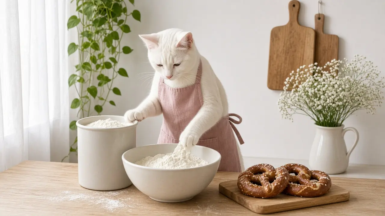 A cream-coloured cat in a pink apron, cooking this dish