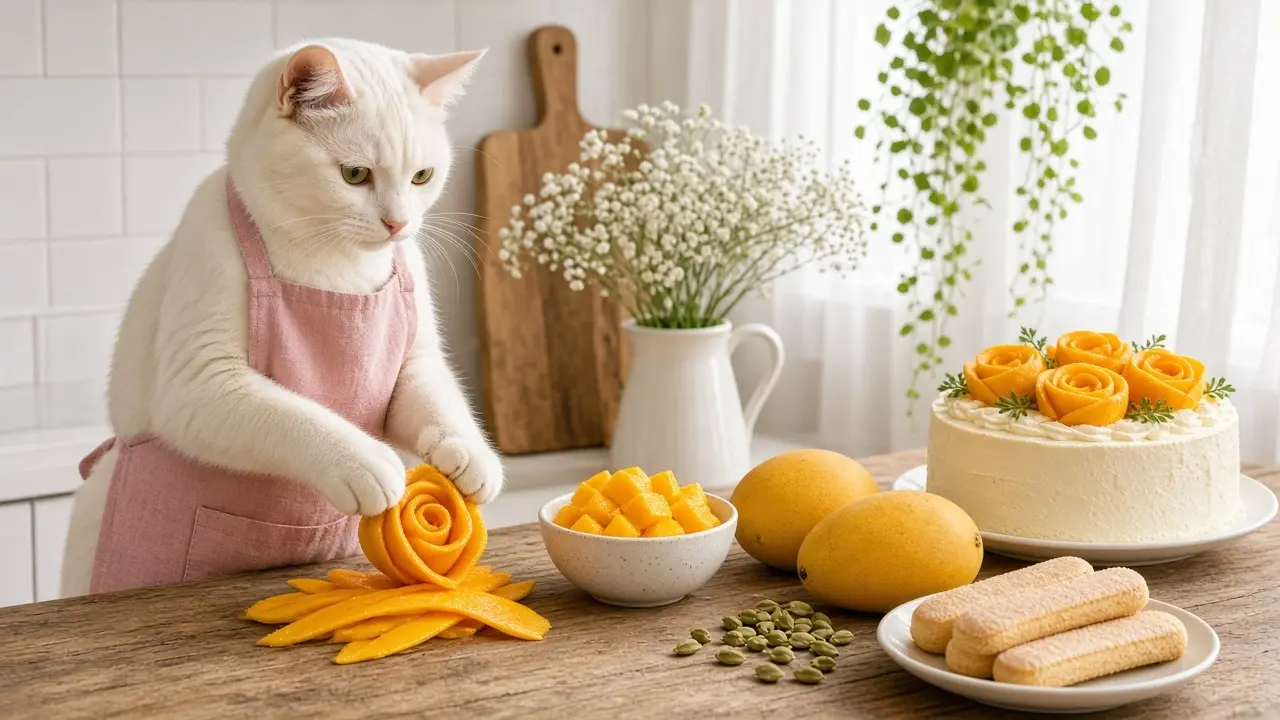 A cream-coloured cat in a pink apron, cooking this dish