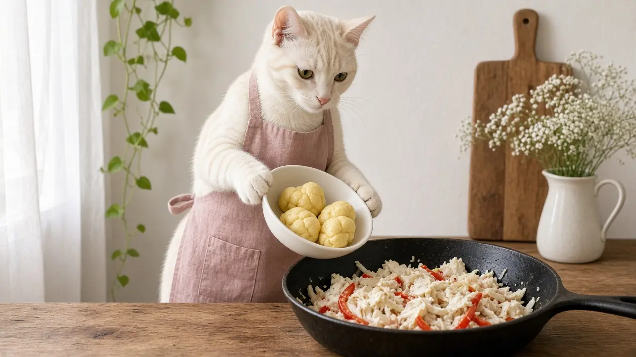 A cream-coloured cat in a pink apron, cooking this dish