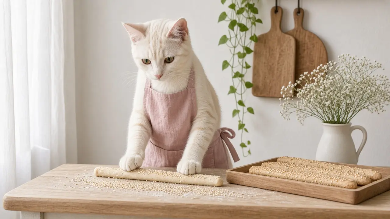A cream-coloured cat in a pink apron, cooking this dish