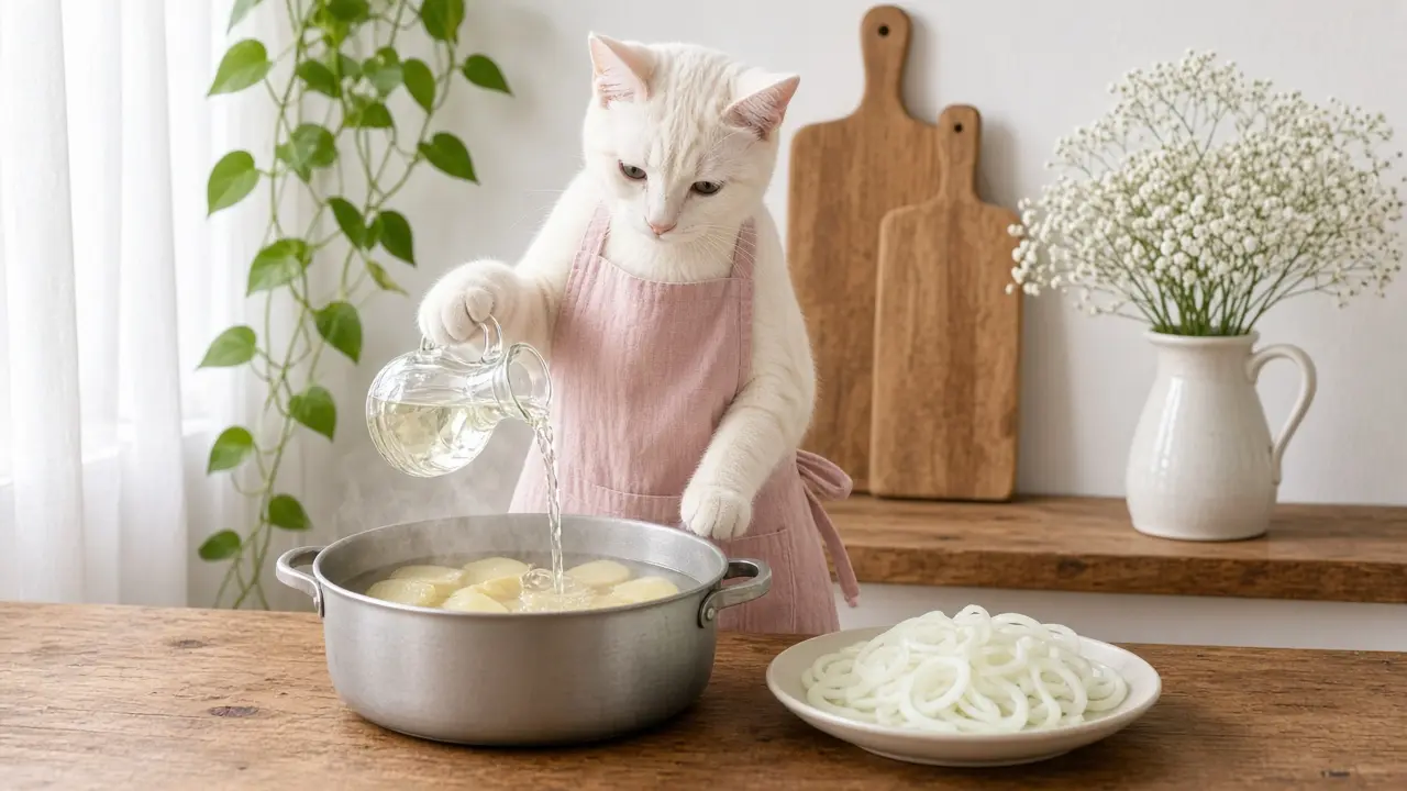 A cream-coloured cat in a pink apron, cooking this dish