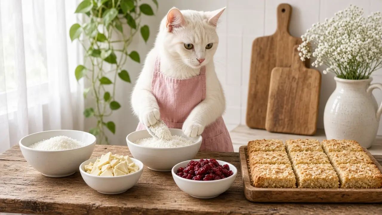 A cream-coloured cat in a pink apron, cooking this dish