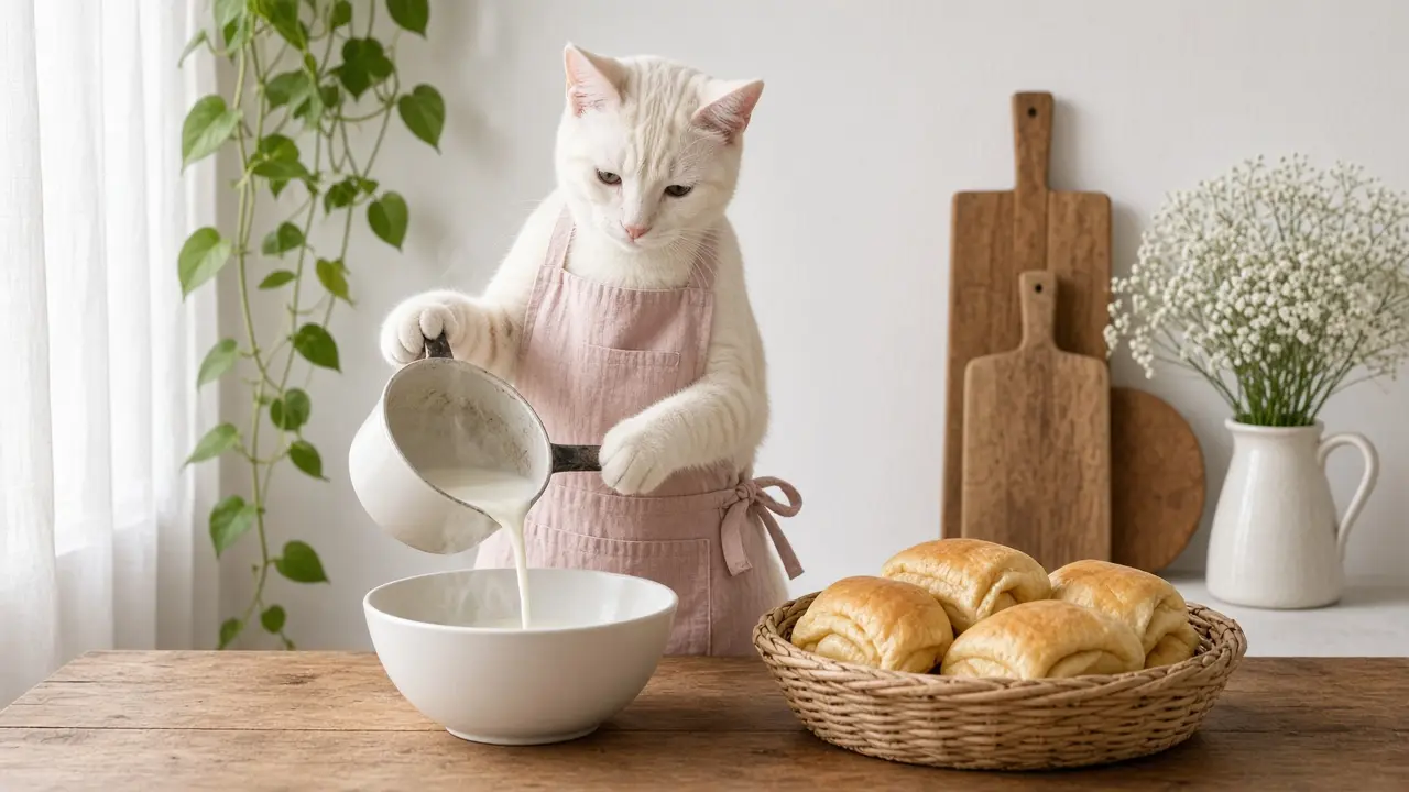 A cream-coloured cat in a pink apron, cooking this dish