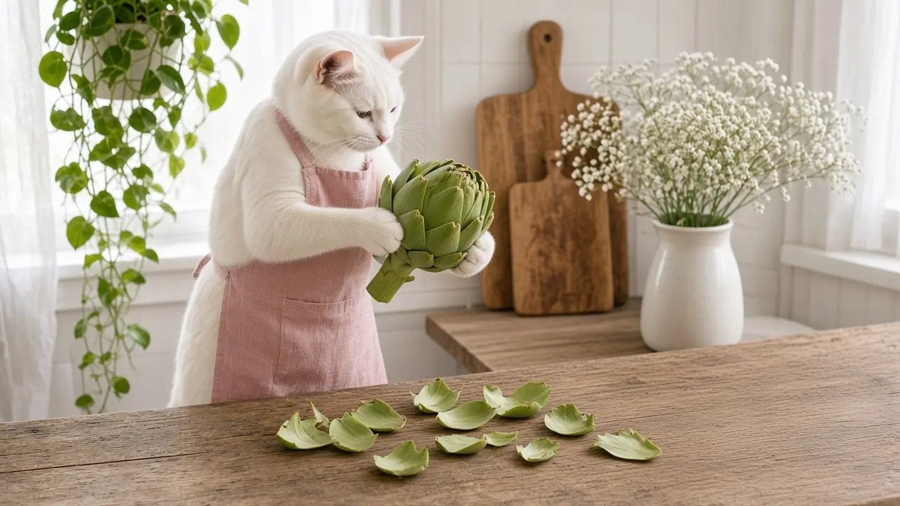 A cream-coloured cat in a pink apron, cooking this dish