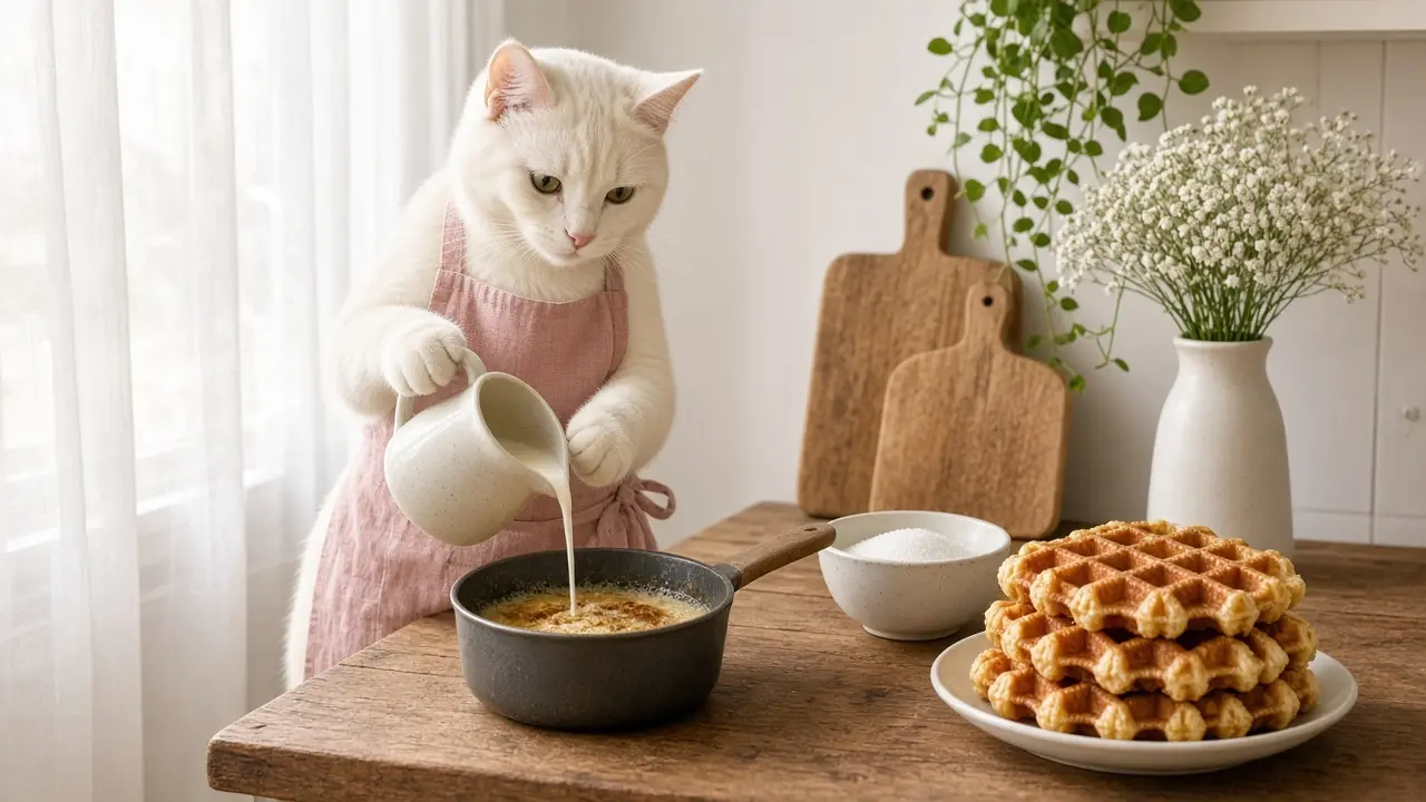 A cream-coloured cat in a pink apron, cooking this dish