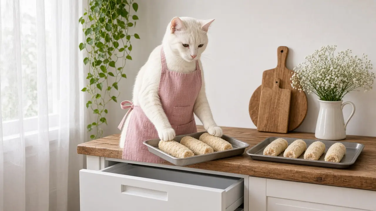 A cream-coloured cat in a pink apron, cooking this dish
