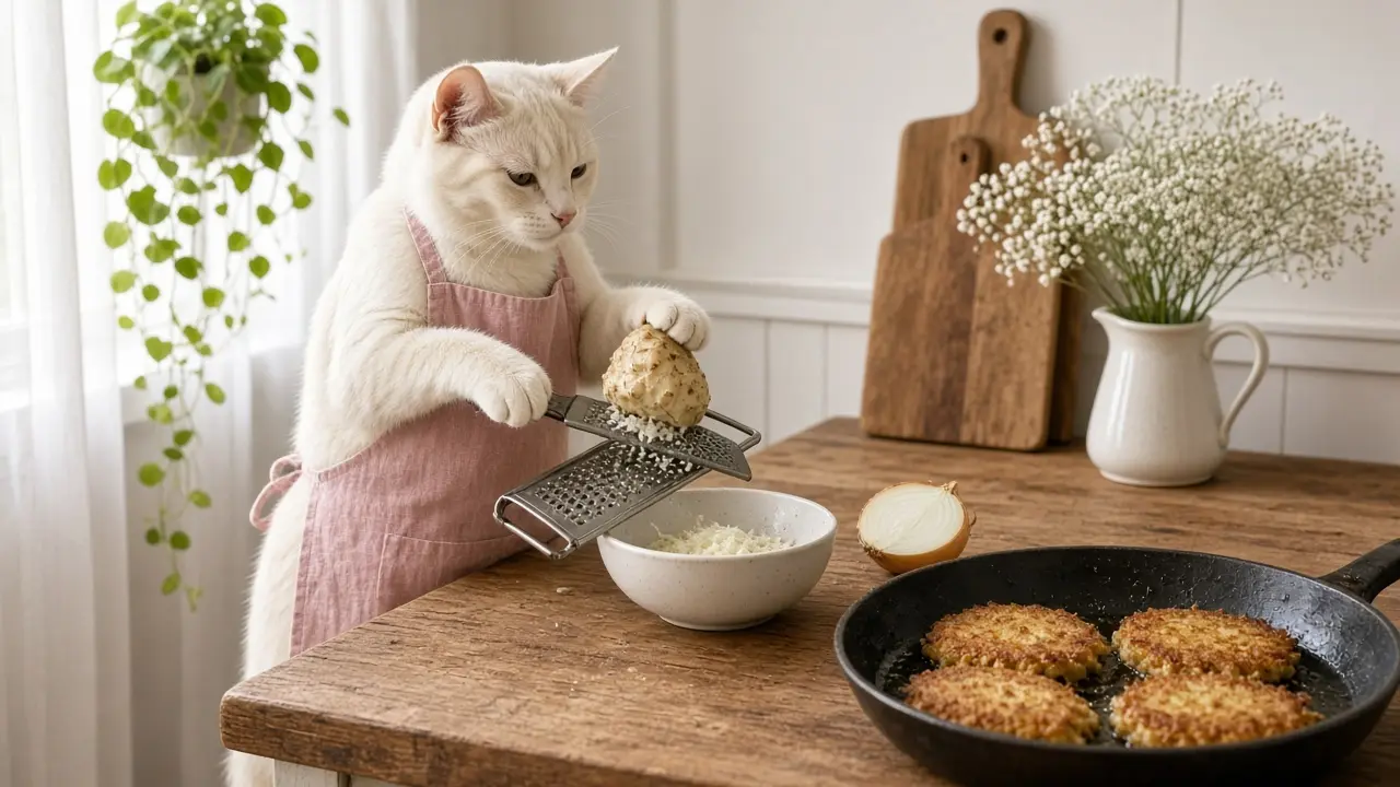 A cream-coloured cat in a pink apron, cooking this dish