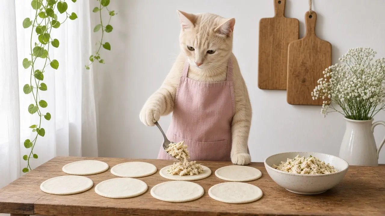 A cream-coloured cat in a pink apron, cooking this dish