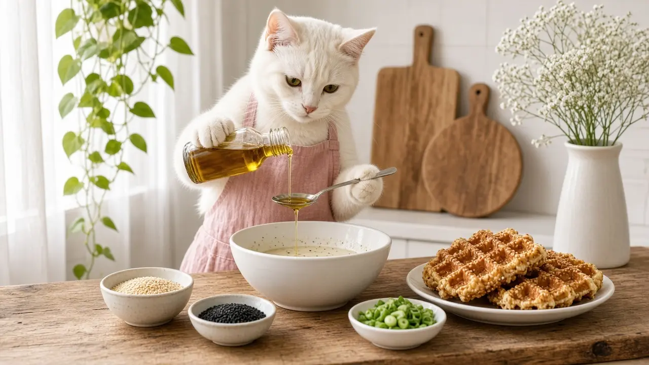 A cream-coloured cat in a pink apron, cooking this dish
