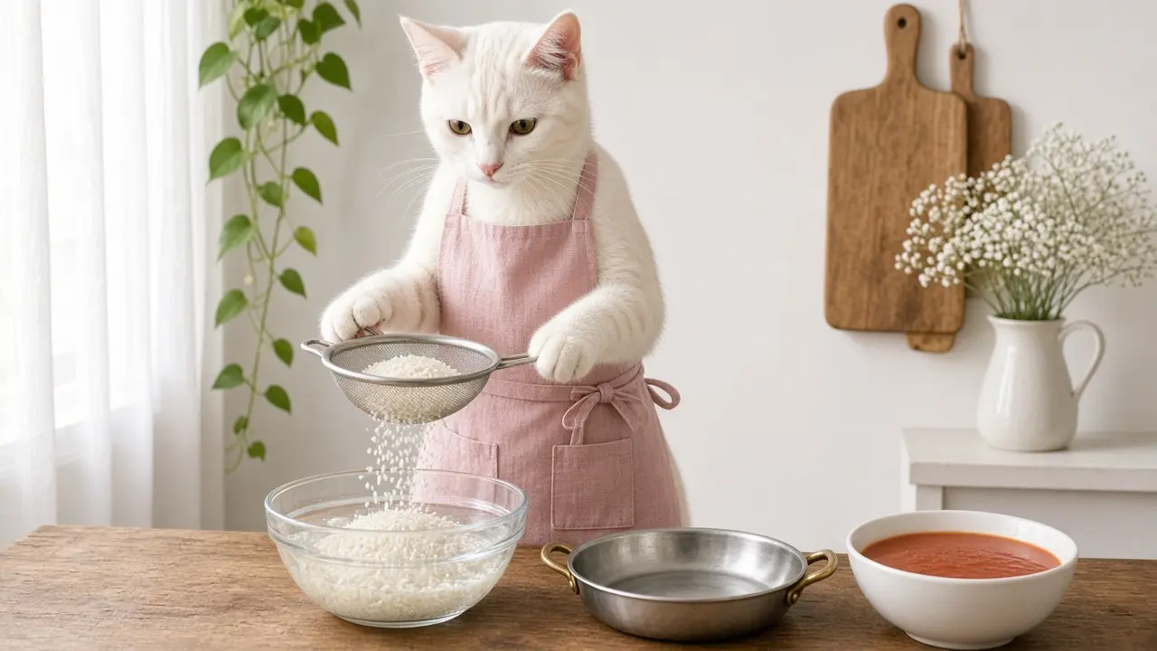 A cream-coloured cat in a pink apron, cooking this dish