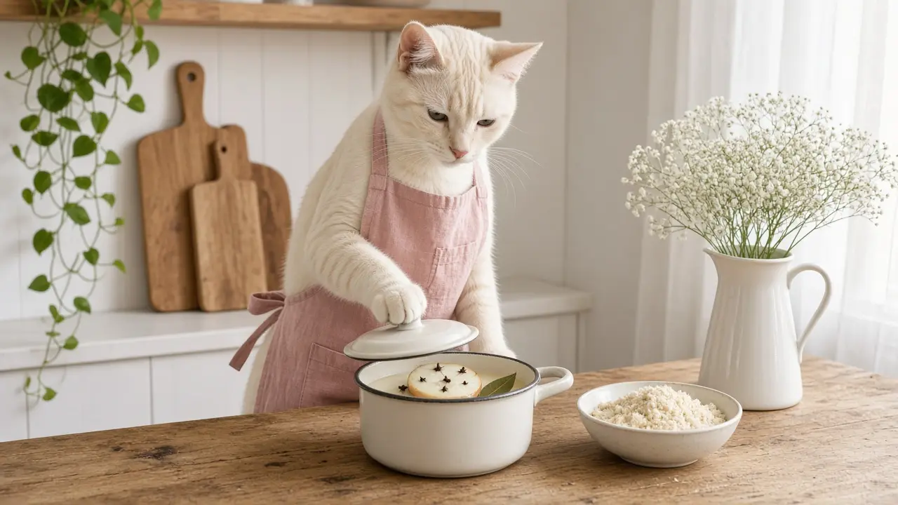 A cream-coloured cat in a pink apron, cooking this dish