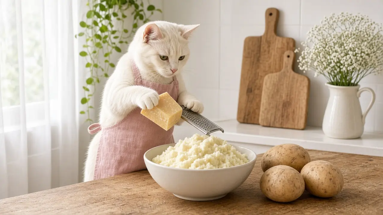 A cream-coloured cat in a pink apron, cooking this dish
