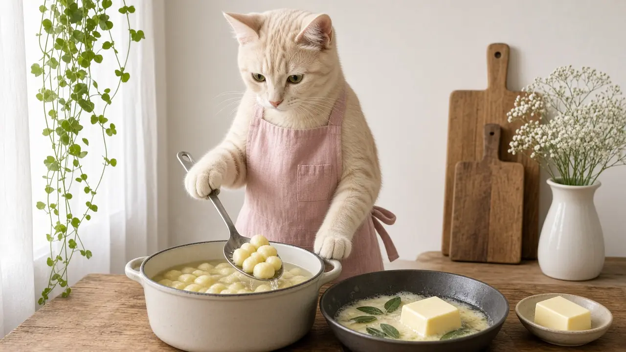 A cream-coloured cat in a pink apron, cooking this dish