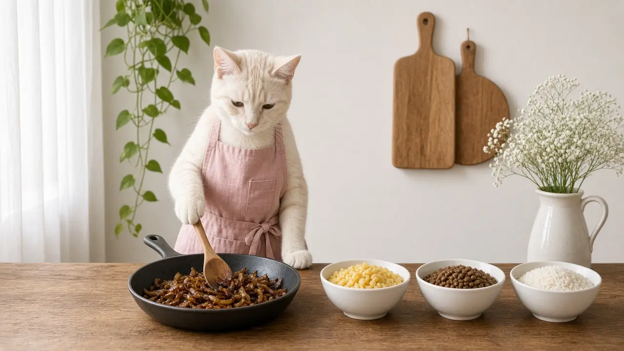 A cream-coloured cat in a pink apron, cooking this dish