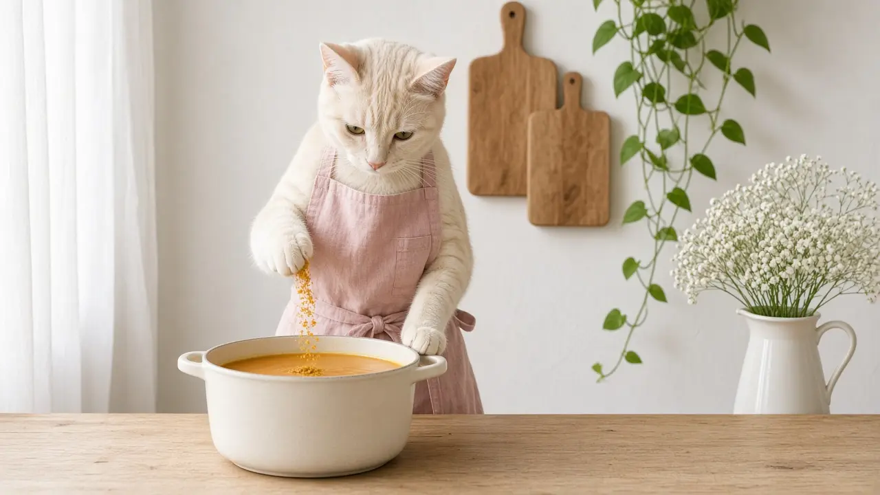 A cream-coloured cat in a pink apron, cooking this dish
