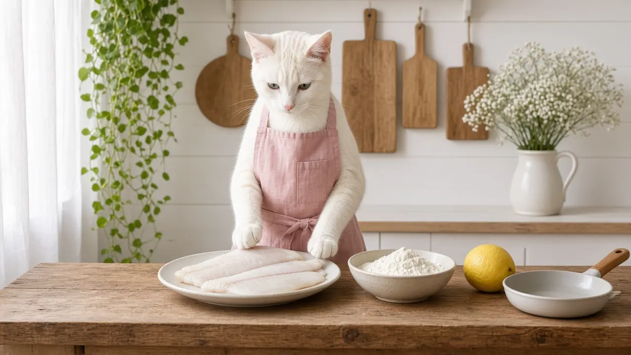 A cream-coloured cat in a pink apron, cooking this dish