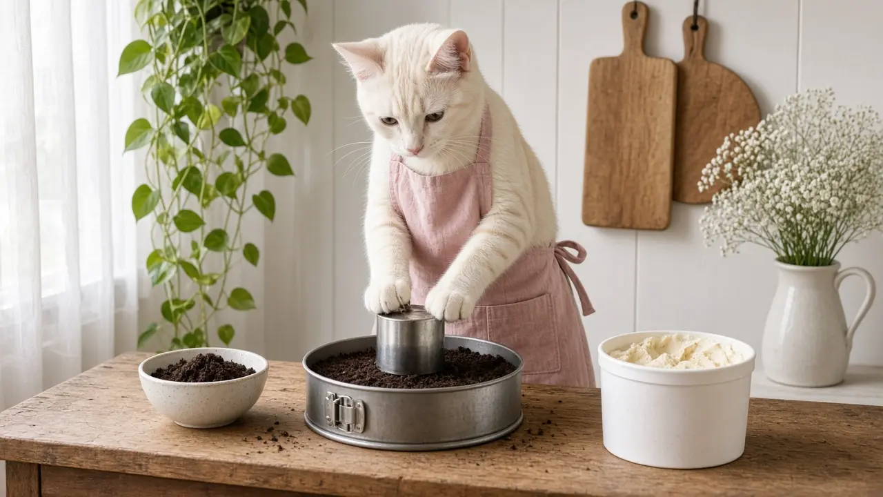 A cream-coloured cat in a pink apron, cooking this dish