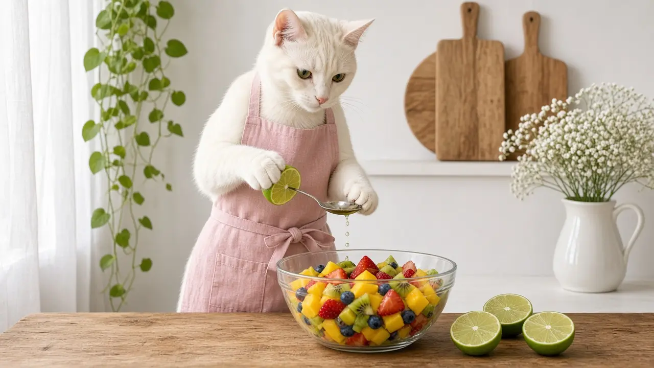 A cream-coloured cat in a pink apron, cooking this dish