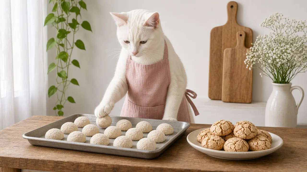 A cream-coloured cat in a pink apron, cooking this dish