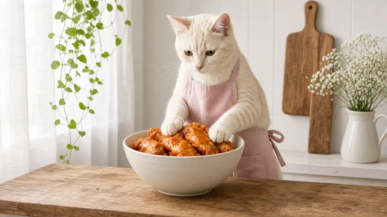 A cream-coloured cat in a pink apron, cooking this dish