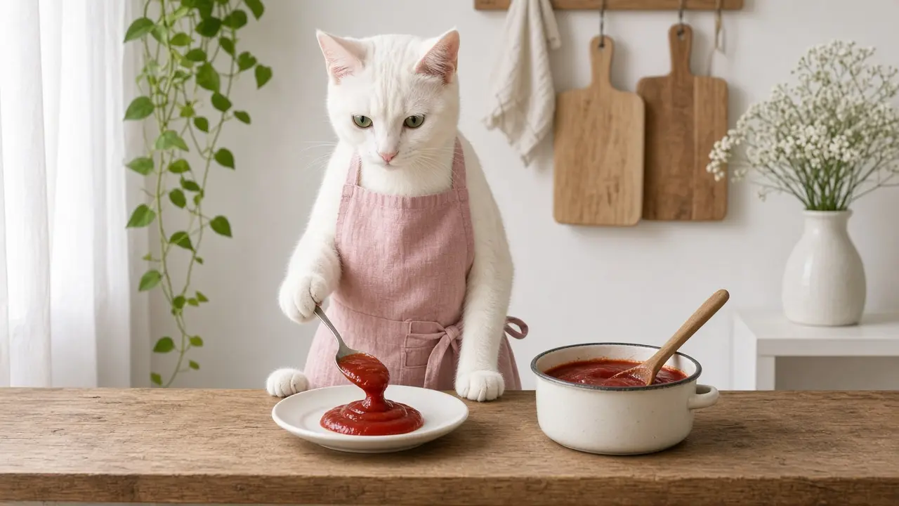A cream-coloured cat in a pink apron, cooking this dish