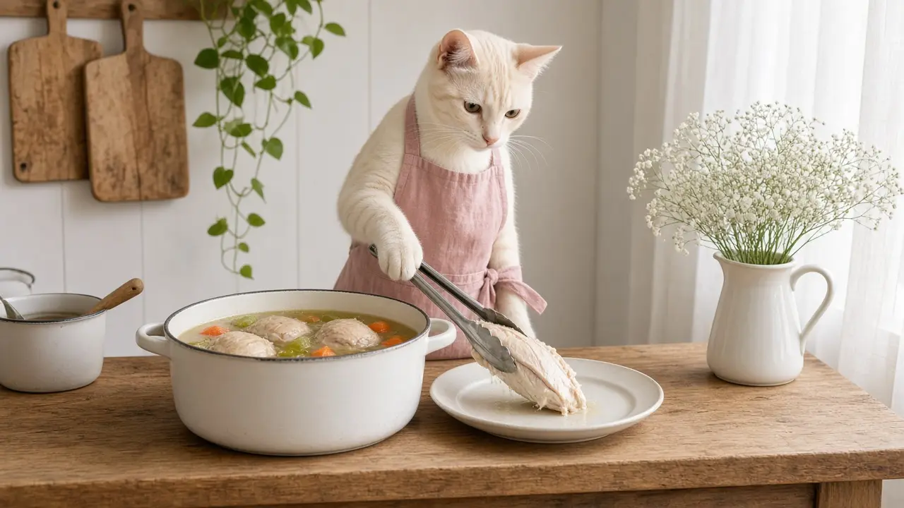 A cream-coloured cat in a pink apron, cooking this dish