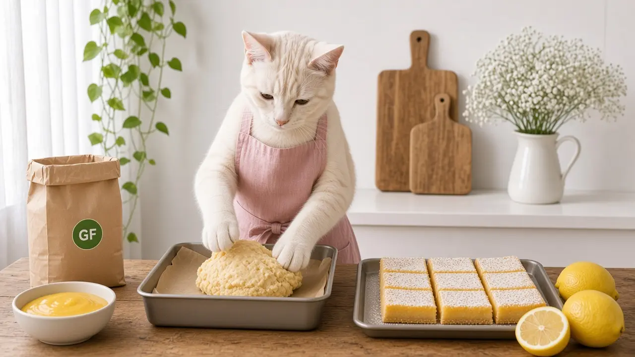 A cream-coloured cat in a pink apron, cooking this dish