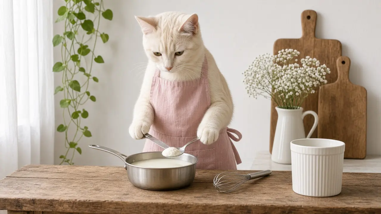 A cream-coloured cat in a pink apron, cooking this dish