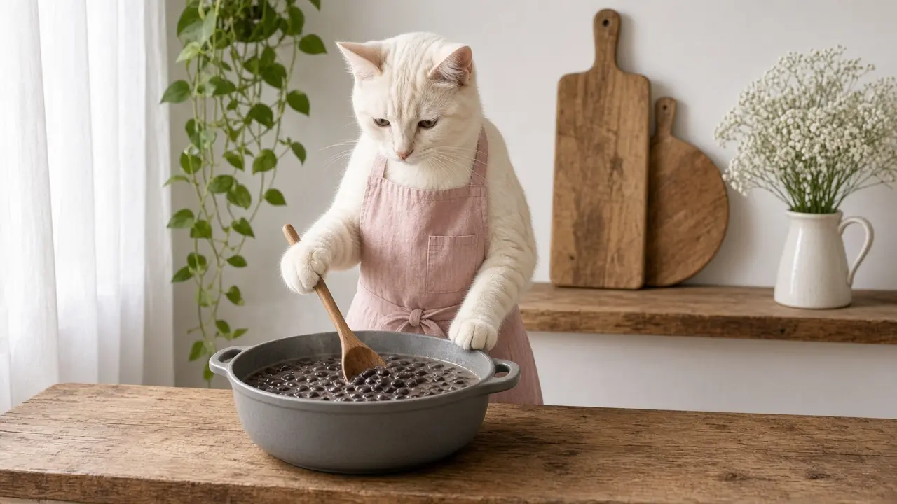 A cream-coloured cat in a pink apron, cooking this dish