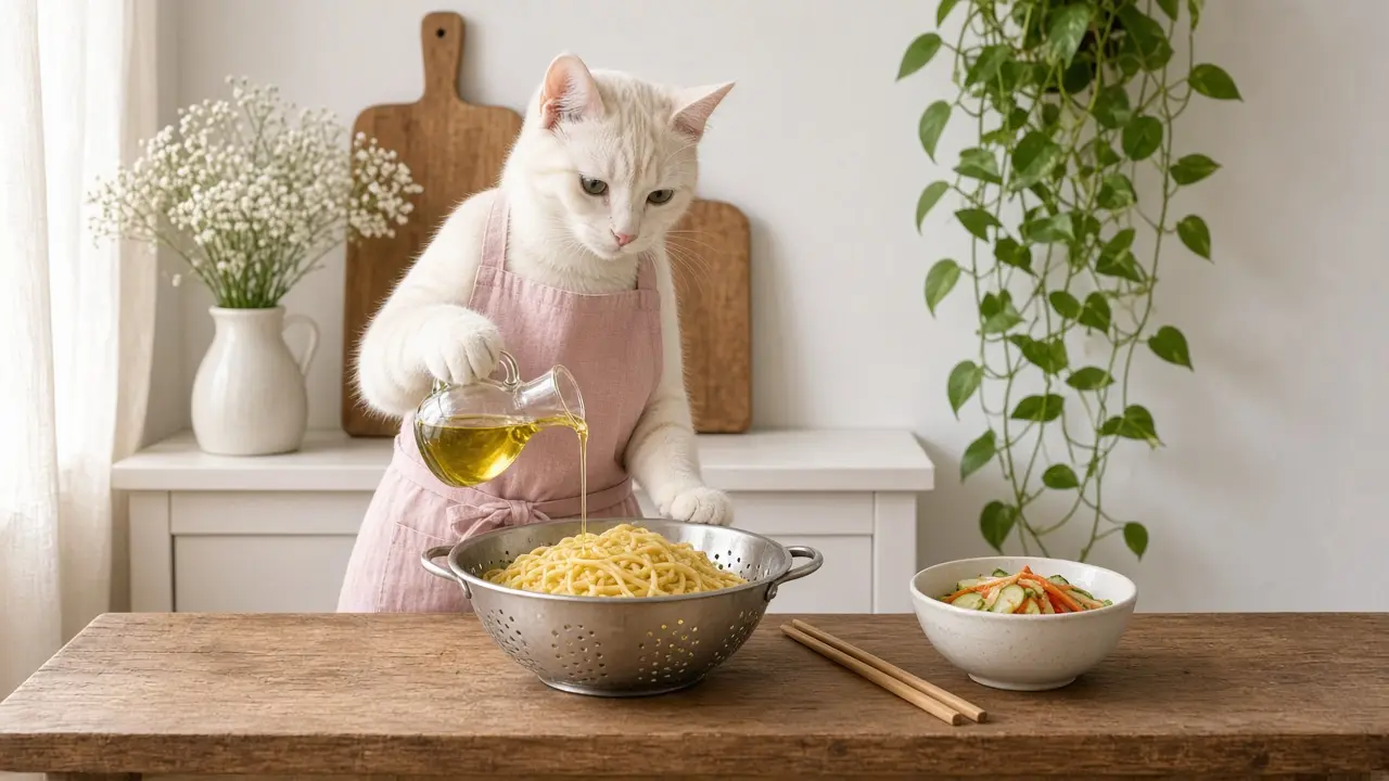 A cream-coloured cat in a pink apron, cooking this dish