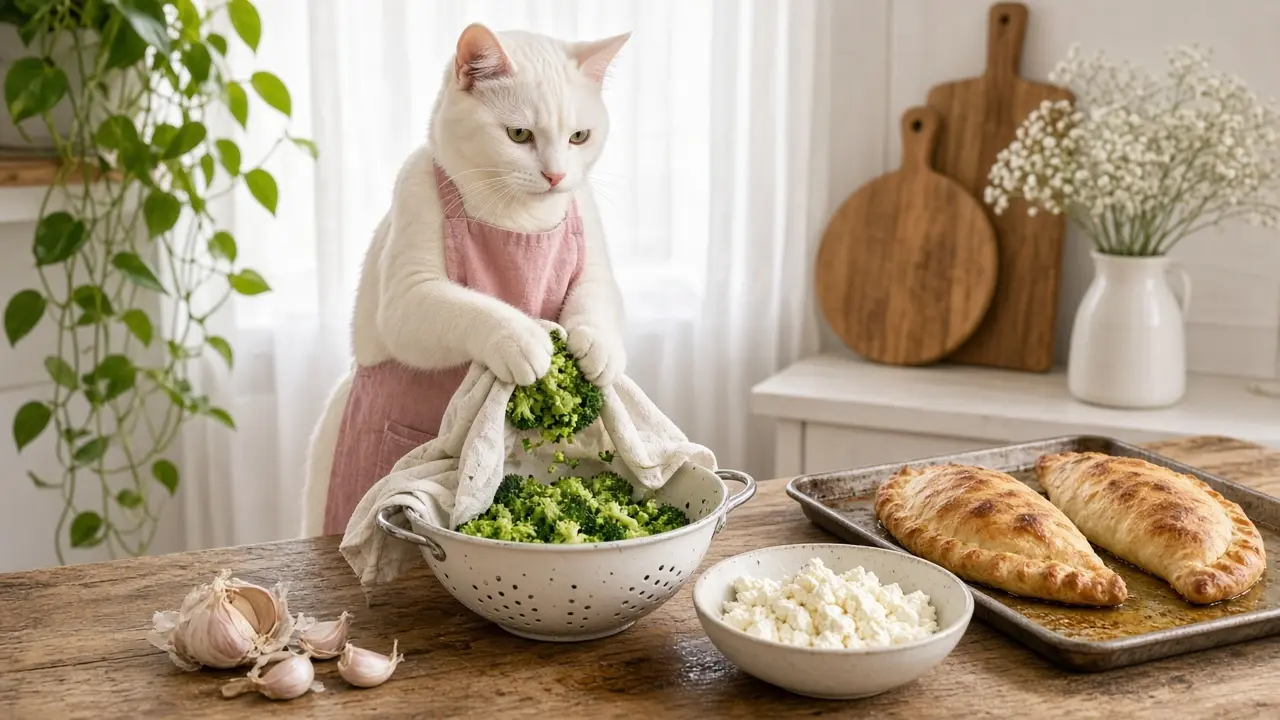 A cream-coloured cat in a pink apron, cooking this dish