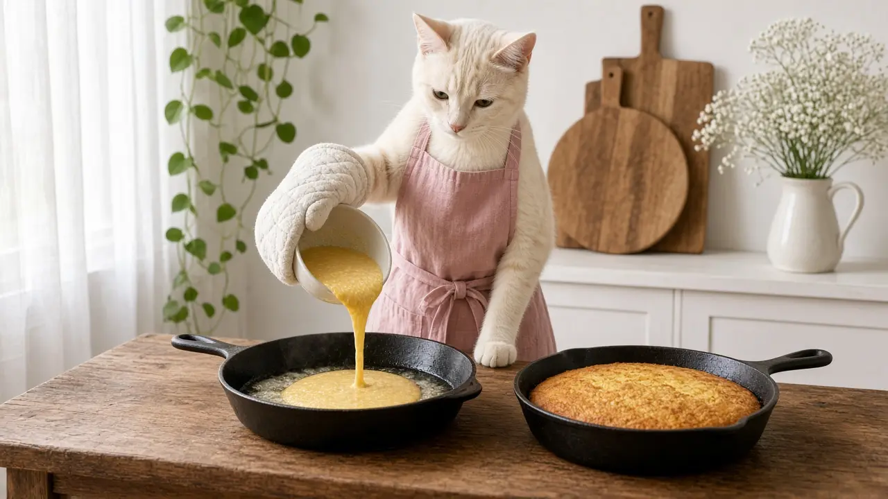 A cream-coloured cat in a pink apron, cooking this dish