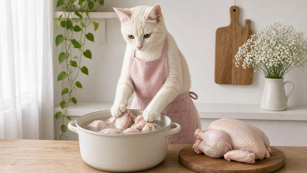 A cream-coloured cat in a pink apron, cooking this dish