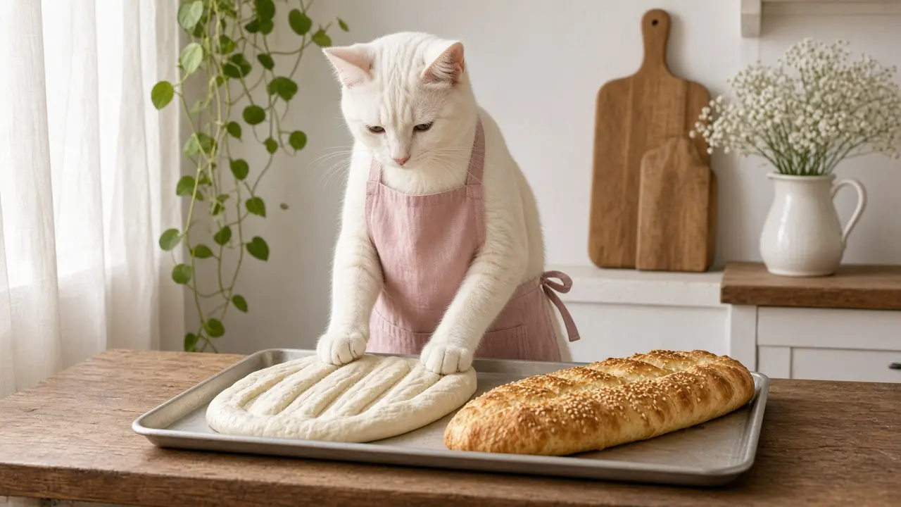 A cream-coloured cat in a pink apron, cooking this dish
