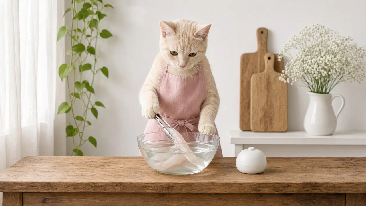 A cream-coloured cat in a pink apron, cooking this dish