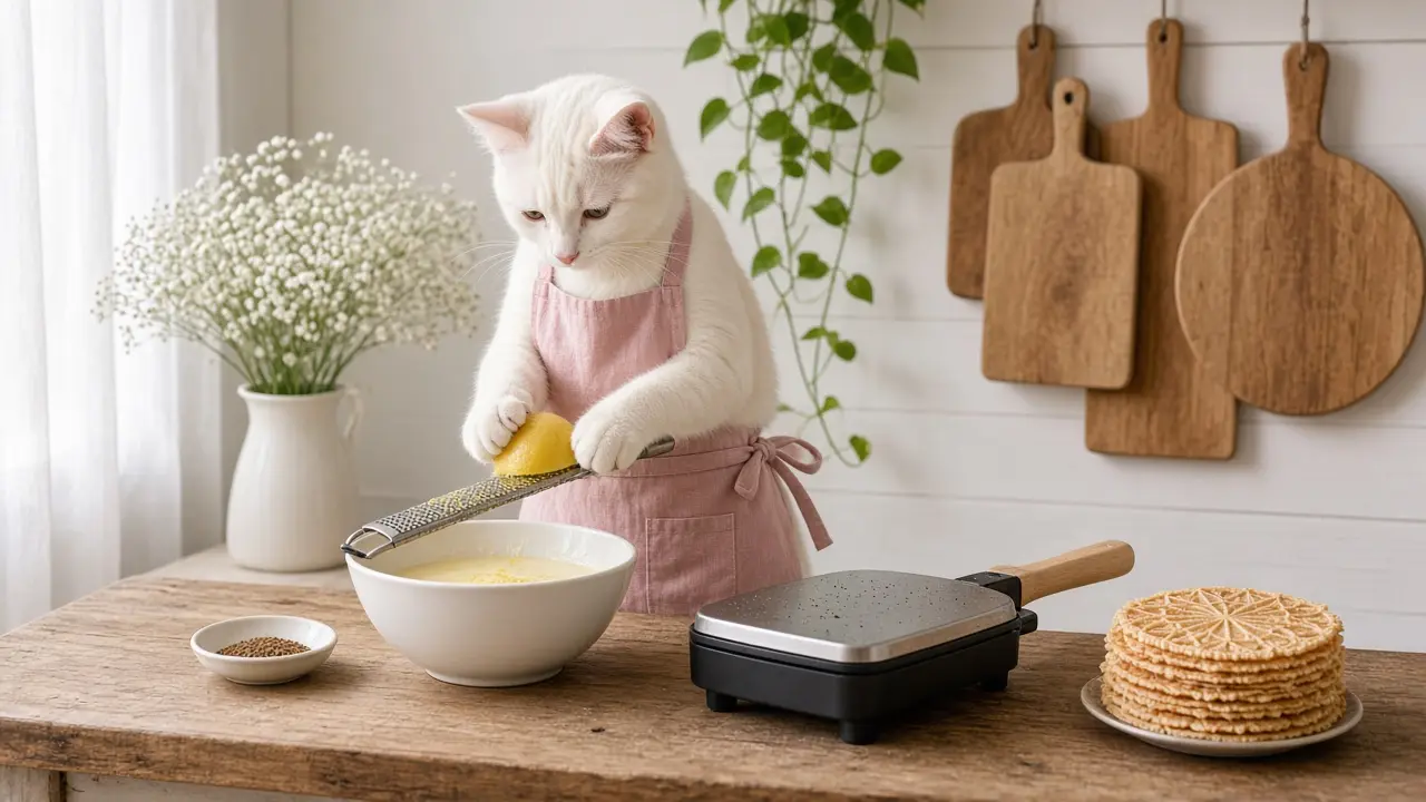 A cream-coloured cat in a pink apron, cooking this dish